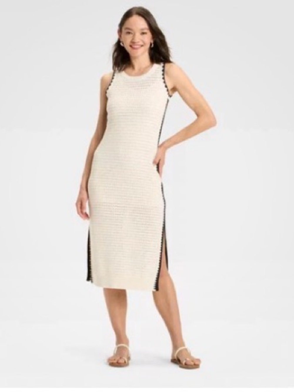 Universal Thread Cream Midi Knit Sweater Dress with Black Trim - NWT
